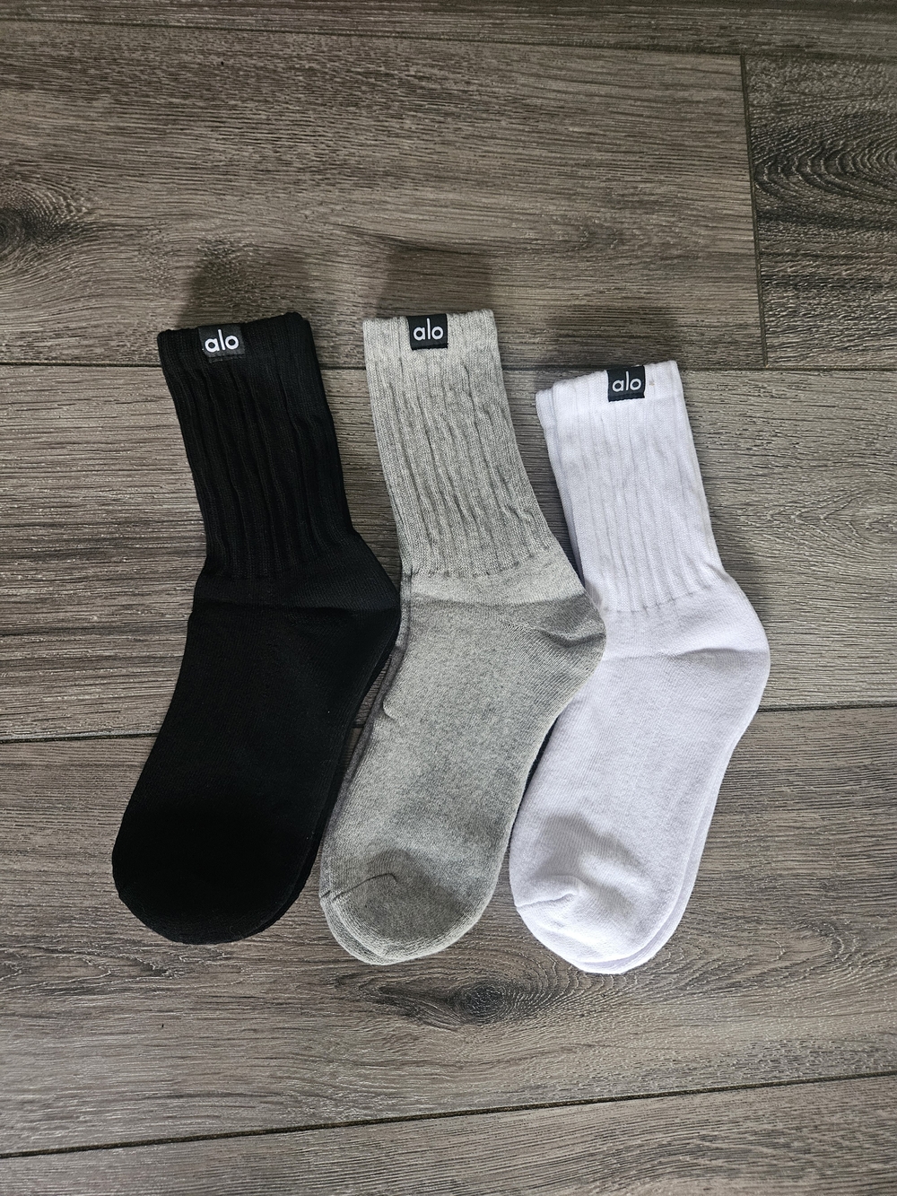 ALO Yoga Women’s Ribbed Crew Socks - Black, Gray & White (3-Pack)